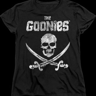Womens Black Vintage Skull & Crossed Swords Goonies Shirt
