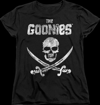 Womens Black Vintage Skull & Crossed Swords Goonies Shirt