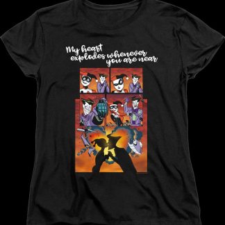 Womens Harley Quinn And The Joker Heart Explodes DC Comics Shirt