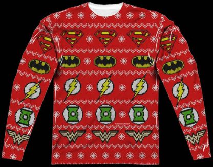 Justice League Sublimated Ugly Faux Christmas Sweater Long Sleeve Tee