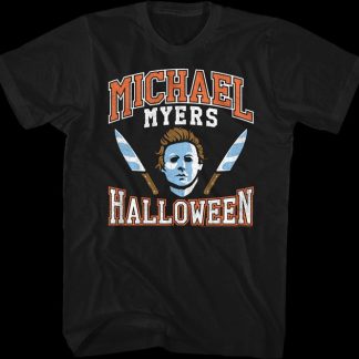 Michael Myers Mask And Knives Varsity Logo Halloween T-Shirt